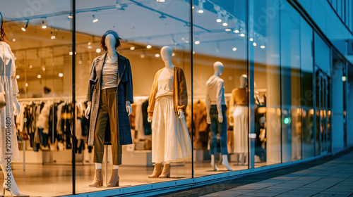 A photorealistic boutique storefront glows with warm autumn lighting. Mannequins showcase chic fall outfits in a sophisticated, urban retail display.