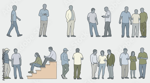vector people scale figures set depicting men and women in standing and sitting poses for architectural rendering.