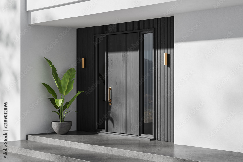 Obraz premium Contemporary Residential Entrance Design with Dark Fluted Facade, Timber Door, Brass Lighting, Concrete Steps, and Tropical Potted Plant. 3D Rendering
