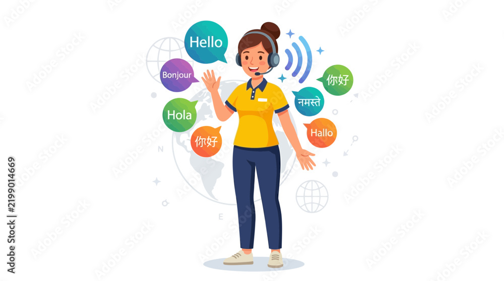 Fototapeta premium Multilingual Communication and Translation Service Concept with a Woman Speaking Hello in Different Languages