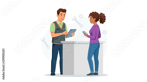 Mechanic and Customer Interacting at Service Counter with Tablet and Phone