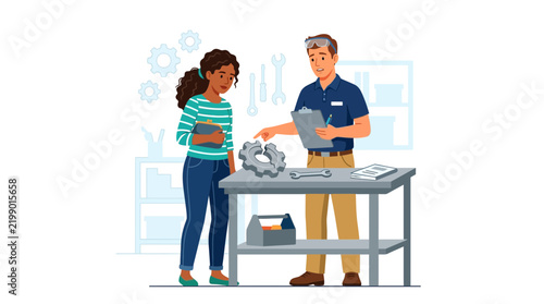 Mechanic Explains Gear Mechanism to Concerned Woman in Workshop