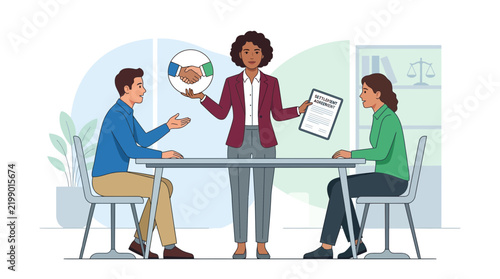 Mediator facilitates settlement agreement between couple in office setting, symbolizing resolution and legal partnership.