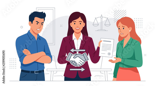Mediator Facilitating Agreement Between Disputing Couple, Legal Counsel, Contract, Resolution