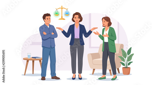 Mediator facilitating conversation between a couple in conflict, symbolizing legal dispute resolution and negotiation.