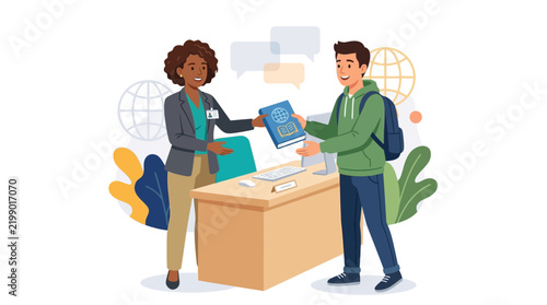 Student receiving book from librarian or staff, education concept, international study, knowledge exchange