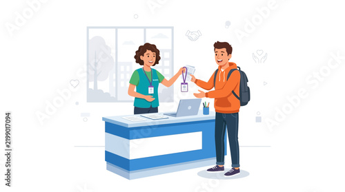 Student receives ID card at registration desk from female staff member, illustration