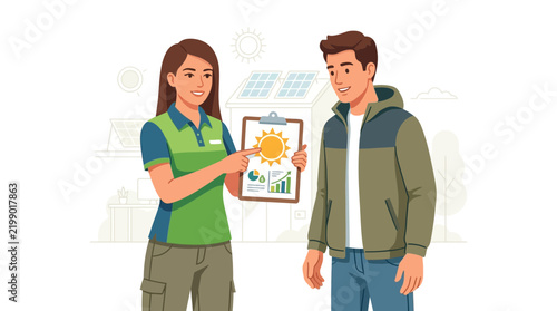 Solar energy consultant explains benefits to homeowner with solar panels on roof and sun chart on clipboard