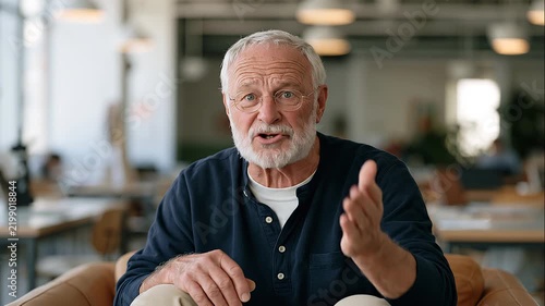 A retired male social media educator sits in an industrial co-working space under overhead lighting, elderly framing catching a candid fearful expression as he coaches a teenager