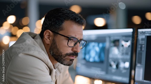 A visual effects artist leaning toward dual monitors in a hospital media suite, digital compositing software showing a medical animation sequence on screen, over-the-shoulder
