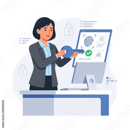 Woman holding a key to unlock digital fingerprint security on a computer screen, illustrating identity verification and access control.