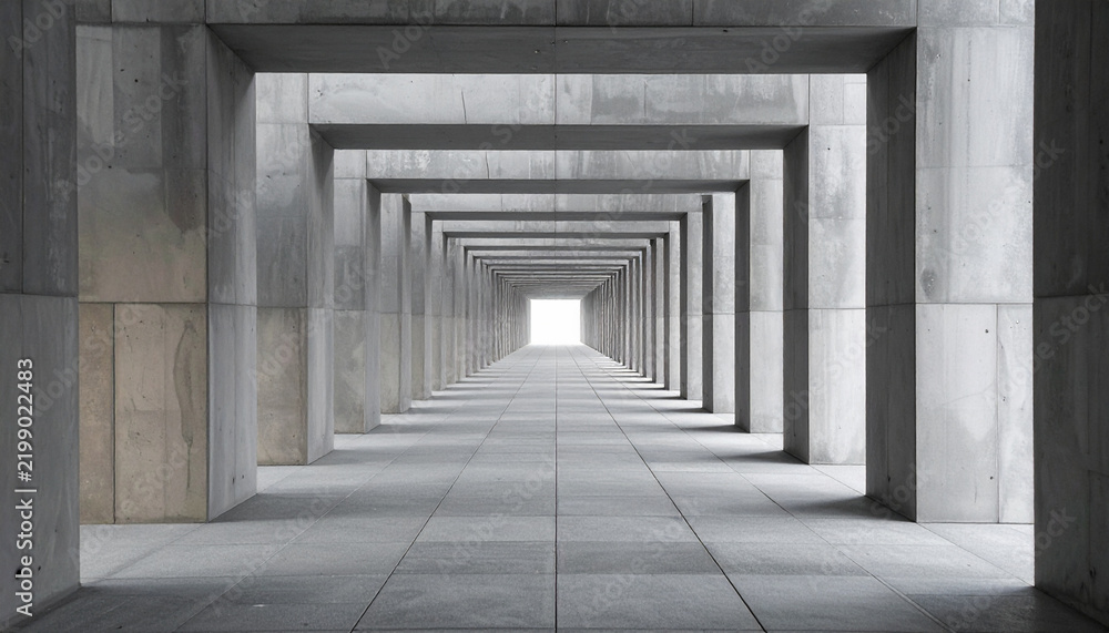 Fototapeta premium A symmetrical perspective of an endless concrete hallway leading to a bright light. This minimalist architectural design conveys mystery, hope, and infinity. Nobody present, no people, clean lines.