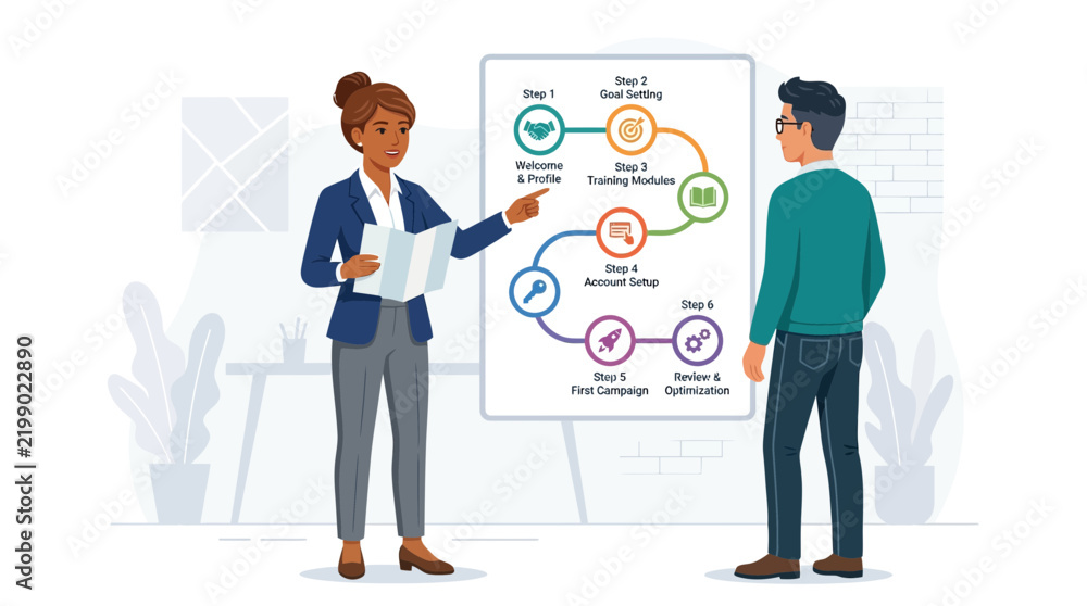 Obraz premium Business coach explaining a 6-step process for campaign success to a male client in a modern office setting.
