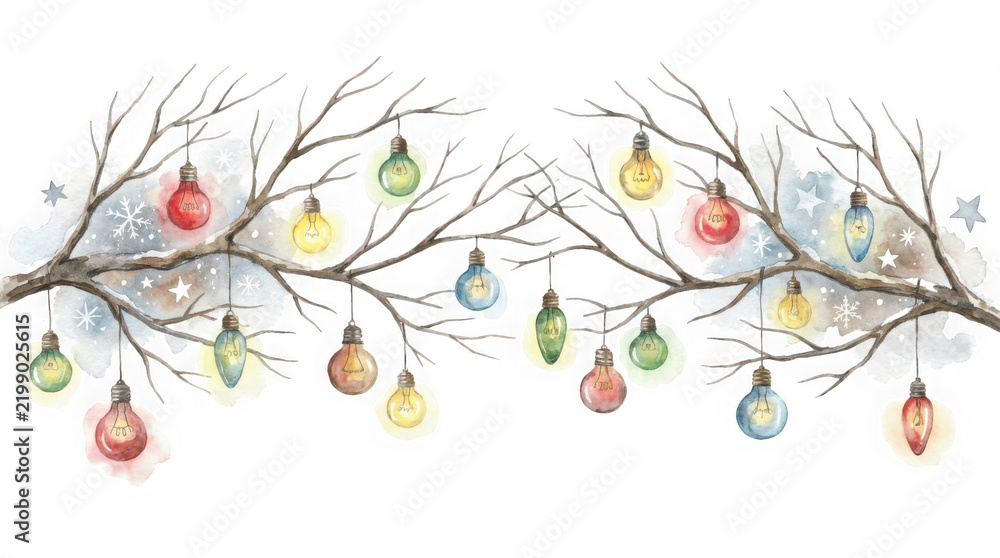 Fototapeta premium Watercolor illustration of bare tree branches with hanging colorful light bulbs isolated on transparent background