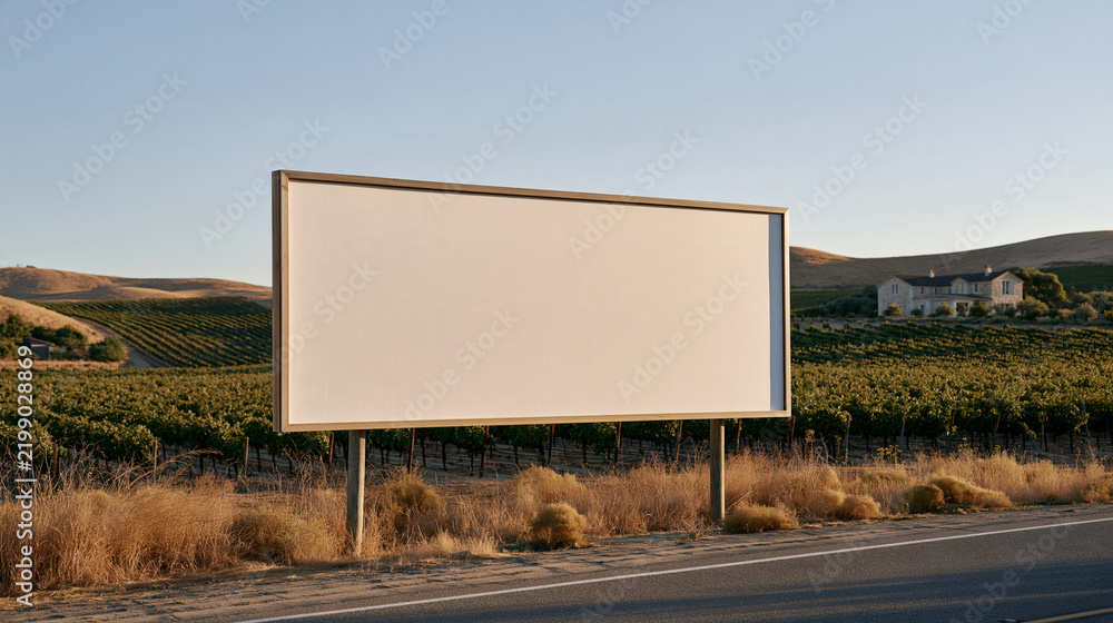 Obraz premium Blank white billboard beside a vineyard road in a warm rural wine region, rows of grapevines receding to hills, stone farmhouse visible, agritourism advertising concept, winery
