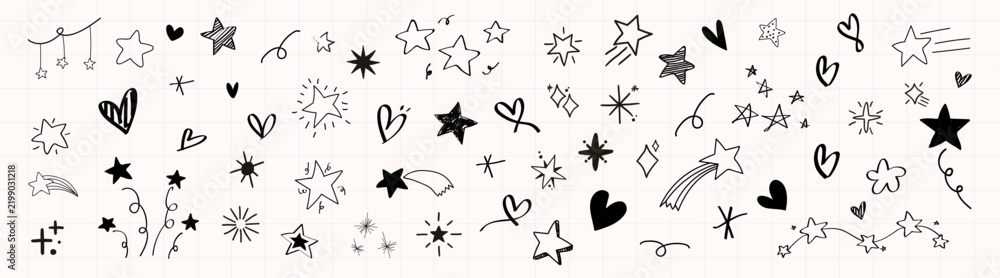 Obraz premium Hand-drawn vector doodle pattern with stars, hearts, and whimsical sketches.