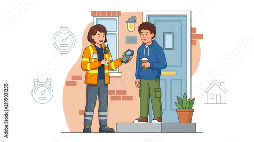 Community worker interacts with resident outside home, discussing data with handheld device, representing service delivery and communication.
