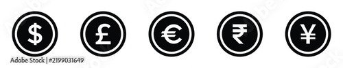  Euro, Dollars, Pound, Dollars, Yen, Euro and Rupee coin icon. coins of money icon signs