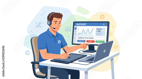 Customer support agent working on computer with headset and graphics