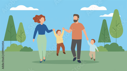 Joyful family stroll in the park, holding hands, flat design illustration