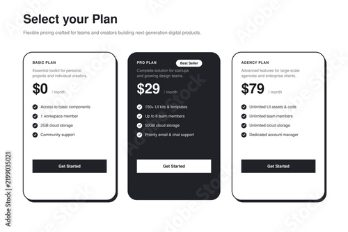 Pricing table interface design template with three subscription options and prices