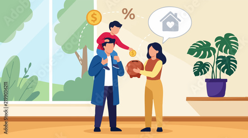 Family saving money for a house, financial planning and future investment