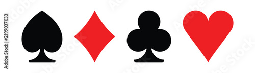 Four playing card suits spades and clubs in black, and hearts and diamonds in red as flat silhouettes on white background. Poker card suit icons clubs, diamonds, hearts, spades. Casino poker gambling.
