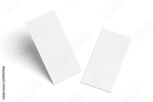 DL flyer mockup set with two blank white vertical cards arranged in parallel angled view isolated on transparent background, corporate identity brochure template presentation, 3d render