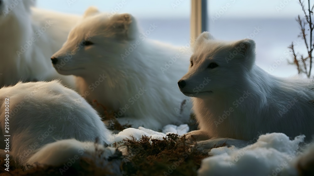 Obraz premium White foxes resting peacefully in snowy terrain with soft light and natural mossy ground texture