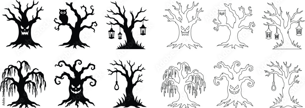 Obraz premium Halloween scary spooky tree dead branch icon set collection in black flat and line style editable creepy monster nature elements group isolated on transparent background for party design vector symbol