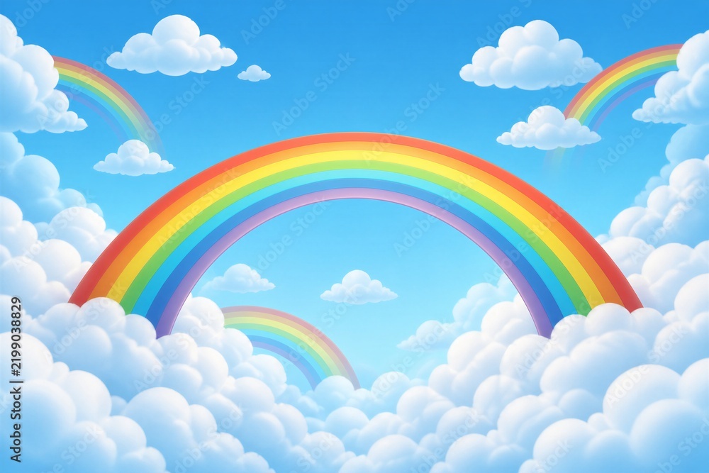 Obraz premium Rainbow arches spanning fluffy clouds in bright blue sky