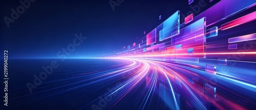 Neon Light Speed Digital Highway With Glowing Rectangular Panels