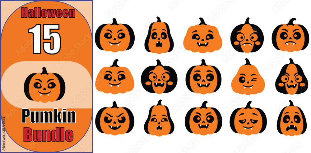 Obraz premium Set of fifteen cute cartoon pumpkin faces with various expressions for halloween decoration and festive graphic design projects