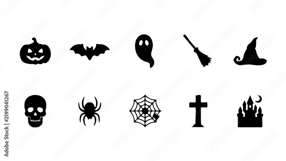 Fototapeta premium Black silhouettes of halloween symbols arranged in grid pattern