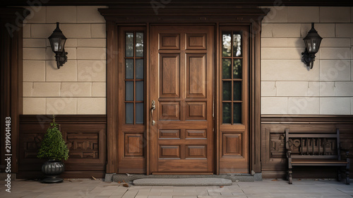 ornate wooden door with ornate windowpane and a bench.classic architecture and home entrance.