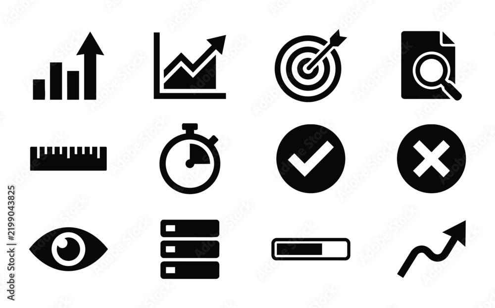 Fototapeta premium Business Icons Set: Growth, Analytics, Target, Document, Ruler, Timer, Checkmark, Cross, Eye, List, Progress Bar, Trend