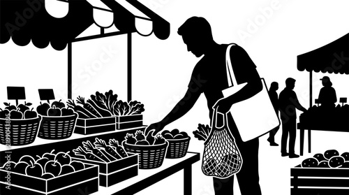 Silhouette vector illustration of a person shopping at a farmers market buying fresh produce and vegetables