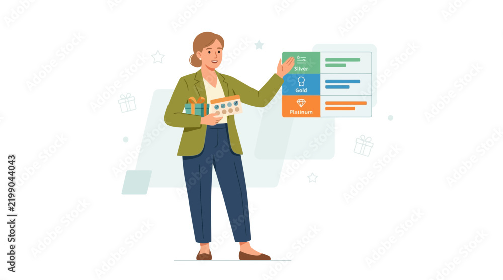 Obraz premium Woman presenting membership tiers with gifts and benefits, vector illustration