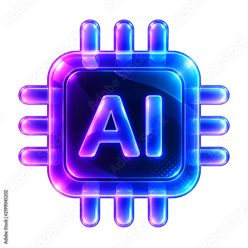 Glowing neon AI microchip icon with futuristic blue and purple circuitry on a white background, representing artificial intelligence technology and digital