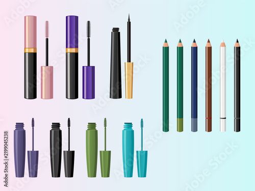 Illustration of eye makeup products of several mascara tubes and applicator wands in pink, purple, black, green, and turquoise, along with a liquid eyeliner and a collection of colored eye pencils.