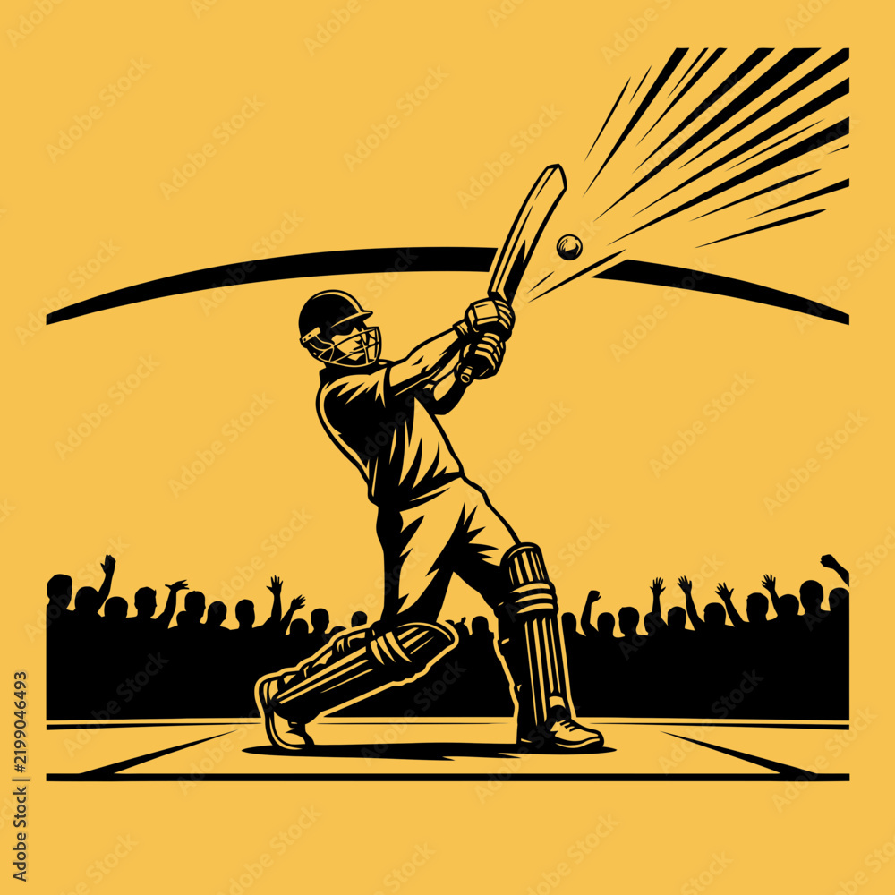 Obraz premium Cricket batsman swings his bat to hit the ball during a competitive match in front of a stadium crowd.