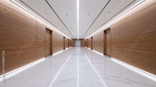 Modern wooden corridor interior with glowing led lights long hallway perspective, empty white marble floor pathway, corporate office building architecture.