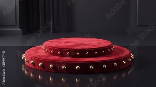 Red velvet podium with golden spheres platform gold stage pedestal luxury.