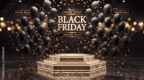 Black Friday luxury sales podium decorated with golden balloons and confetti, sale stage for product display, gold star falling around platform.