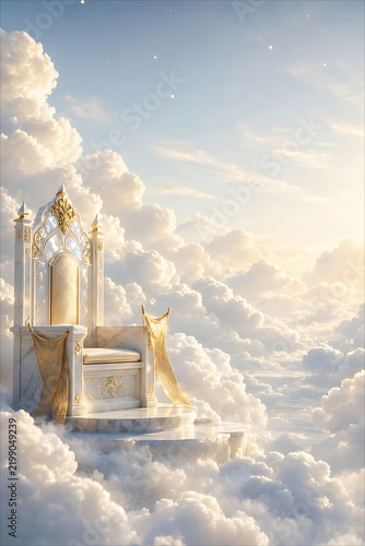 Celestial Throne Clouds Fantasy Spiritual White & Gold Heavenly Royal Background with Ethereal Light and Expansive Copy Space Panoramic Banner Design