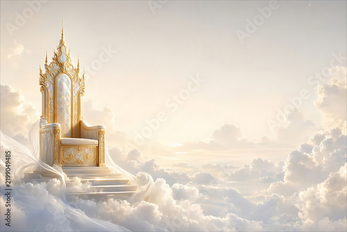Celestial Throne Clouds Fantasy Spiritual White & Gold Heavenly Royal Background with Ethereal Light and Expansive Copy Space Panoramic Banner Design