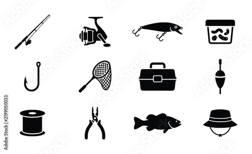 12 Fishing Icons Silhouette Set, for Outdoor Hobby and Sport
