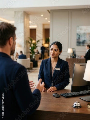 Professional hotel receptionist greeting a business guest at the luxury front desk lobby