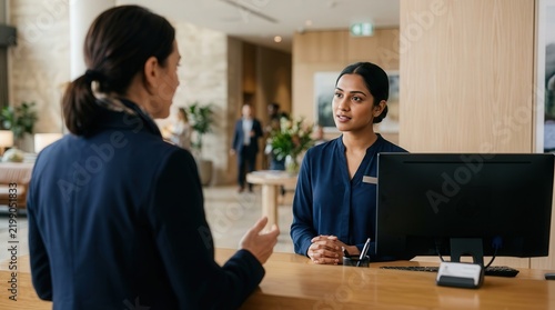 Professional Female Receptionist Assisting a Guest at Modern Hotel Front Desk