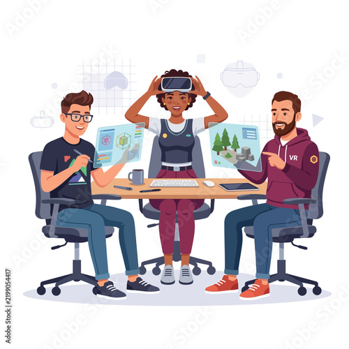 Diverse team collaborating on virtual reality project with futuristic holographic interfaces